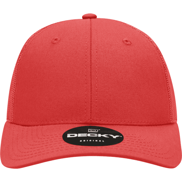 A red structured trucker cap with a curved brim and a logo on the front.