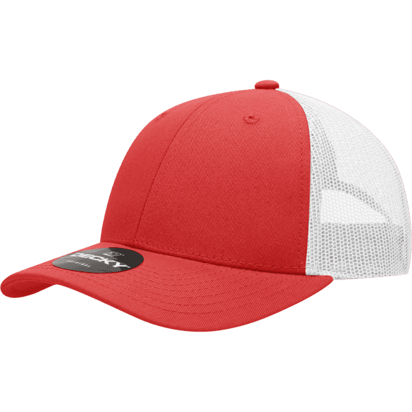 A red cotton trucker cap with a white mesh back and a logo on the front.
