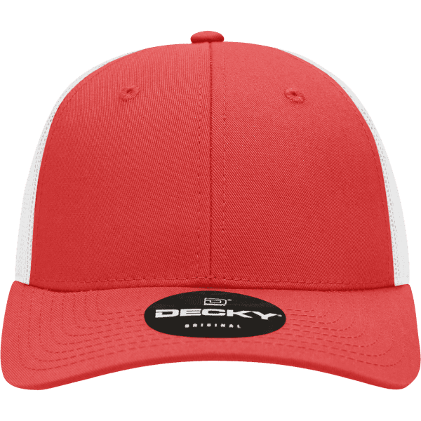 A red trucker cap with a low profile and structured design, featuring white mesh sides and a logo on the front.