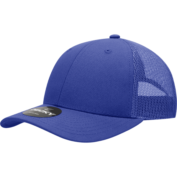 A blue six-panel low profile cotton trucker cap with a mesh back and a logo on the front.