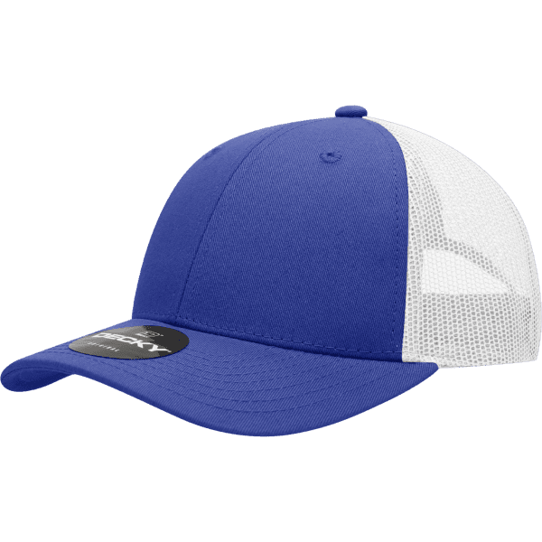 A blue and white 6 panel low profile cotton trucker cap with a mesh back and a logo.