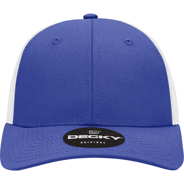A blue and white structured trucker cap featuring a logo on the front.