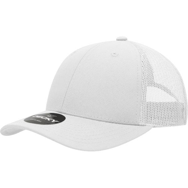 A white 6 panel low profile cotton trucker cap with a mesh back and a logo on the front.