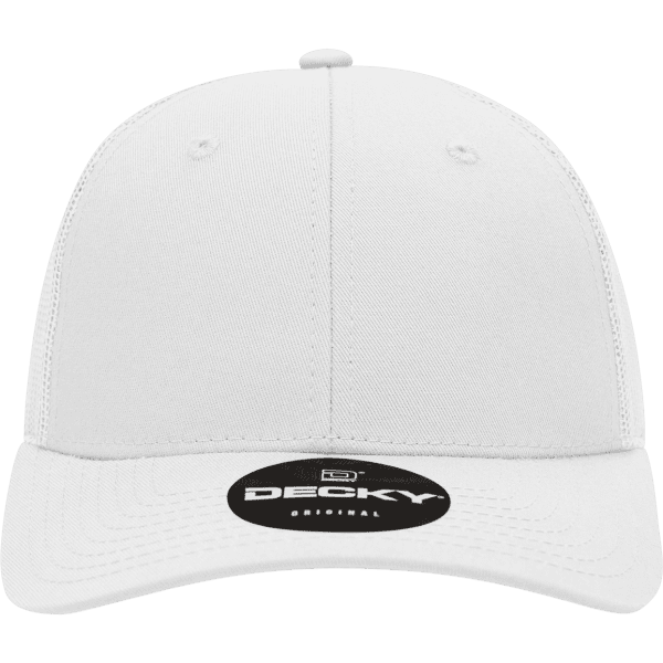 A white 6-panel low profile structured trucker cap with a rounded bill and a logo on the front.