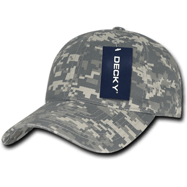A grey camo dad hat with a low profile and a fabric label, featuring a logo.