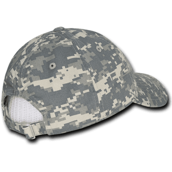 A grey camo dad hat featuring a low profile, six panels, and a relaxed fit, with a strap at the back.