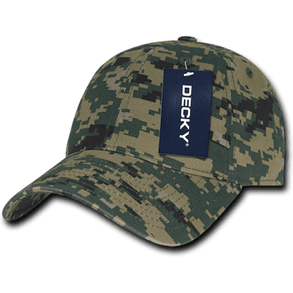 A camo dad hat featuring a relaxed six-panel design in various shades of green and brown, complete with a logo.