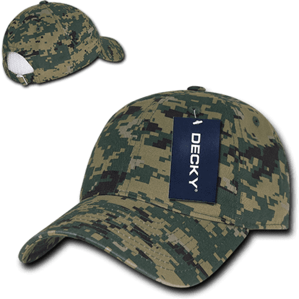 A camo dad hat featuring a relaxed, low-profile design with a logo and predominantly green and brown colours.