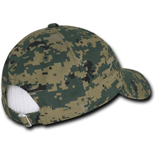 A camo dad hat in green and black, featuring a low-profile design and a mesh back with a logo.