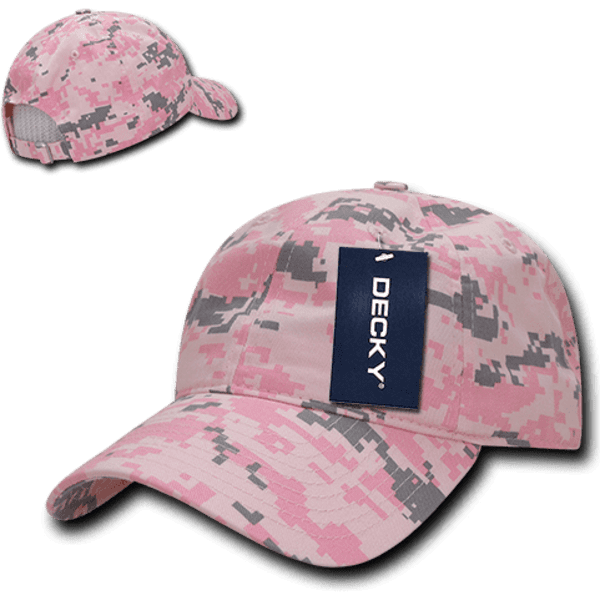 A pink camo dad hat featuring a low profile and relaxed fit, with a logo on the front.