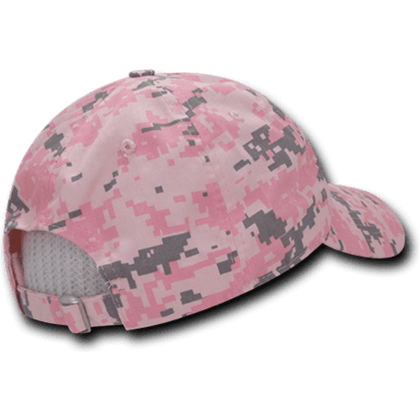 A pink camo dad hat featuring a 6-panel low profile design and an adjustable strap at the back.