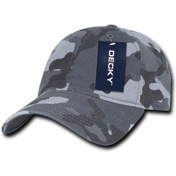 A grey camo dad hat with a relaxed fit and a logo tag on the side.