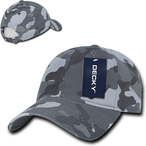 A camo dad hat in shades of grey, featuring a logo and a relaxed low-profile design.