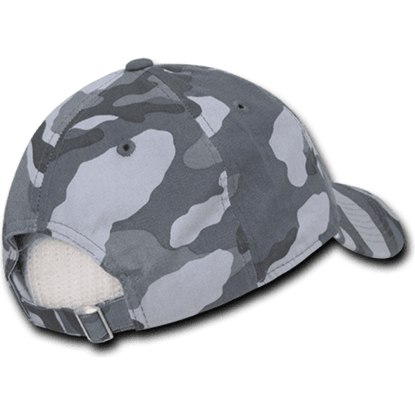 A grey and camouflage 6 panel low profile relaxed dad hat with an adjustable strap at the back.