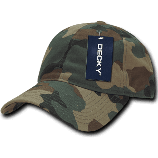 A camo dad hat in green and brown tones with a relaxed low profile design and a tag attached.