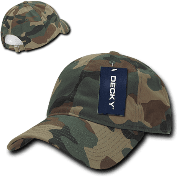A camo dad hat featuring a low profile and relaxed fit, with a brand tag attached.