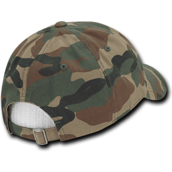 A camo dad hat in shades of green and brown, featuring a relaxed low-profile design and an adjustable strap at the back.