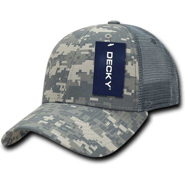 A grey camo trucker cap featuring a mesh back and a tag. The design includes a pixelated camo pattern.