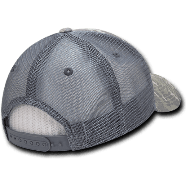 A grey and camo six-panel low profile structured trucker cap featuring a mesh back and adjustable strap.