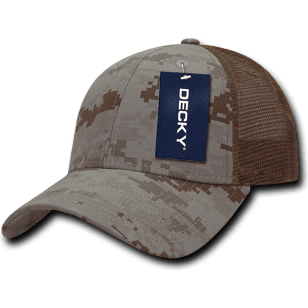 A camo-patterned trucker cap in shades of beige and brown, featuring a mesh back and a tag.