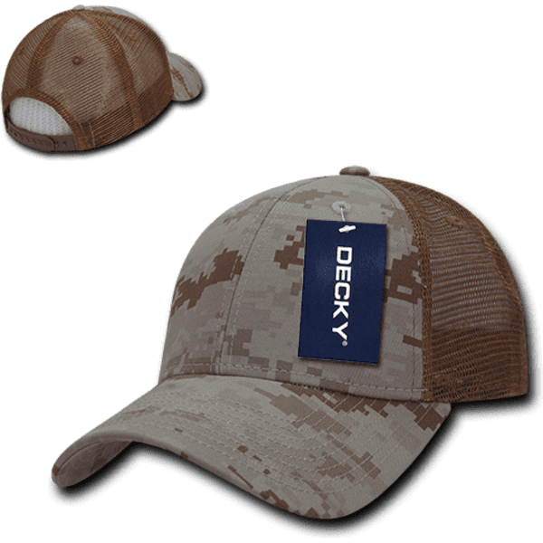 A camo trucker cap featuring a low profile and structured design in shades of brown and grey, with a mesh back and a logo tag.