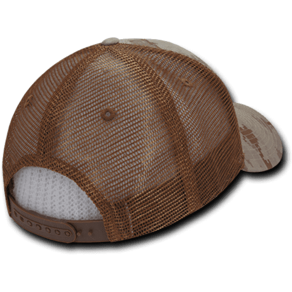 A camo trucker cap featuring a low profile design with a brown mesh back and an adjustable strap.