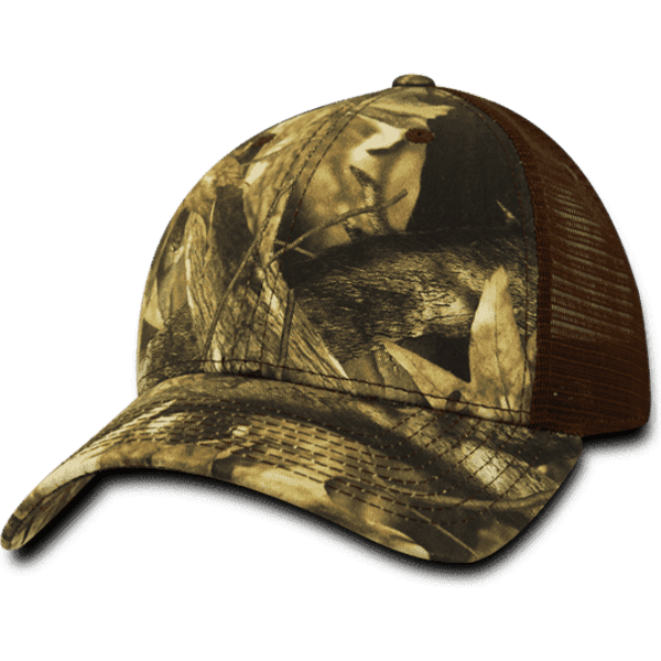 A camo-patterned trucker cap in earthy tones with a mesh back and a curved brim. It features a logo on the front.
