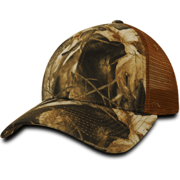 A camouflaged trucker cap featuring a mix of earthy tones with a brown mesh back and a curved brim.