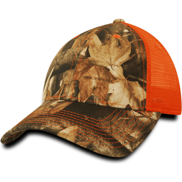 A camo trucker cap featuring a mix of earthy tones and an orange mesh back. It has a logo on the front.