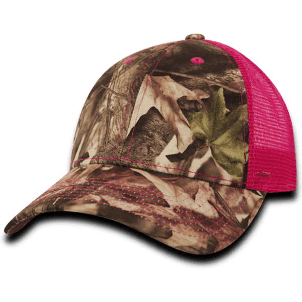 A camo trucker cap featuring a blend of earth tones and vibrant pink mesh at the back, with an adjustable fit.