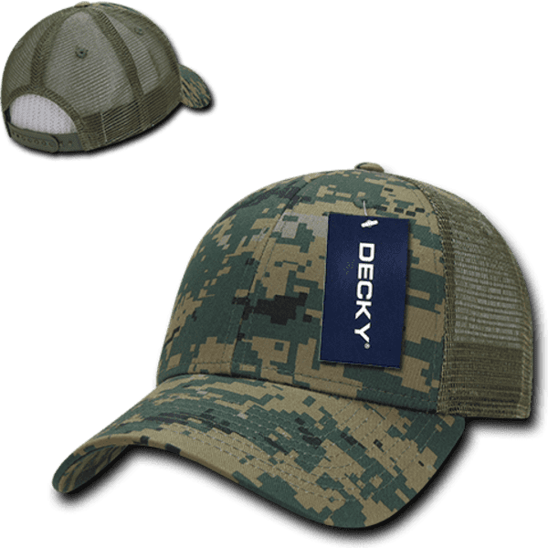 A camo trucker cap in shades of green with a structured design and a mesh back, featuring a logo.