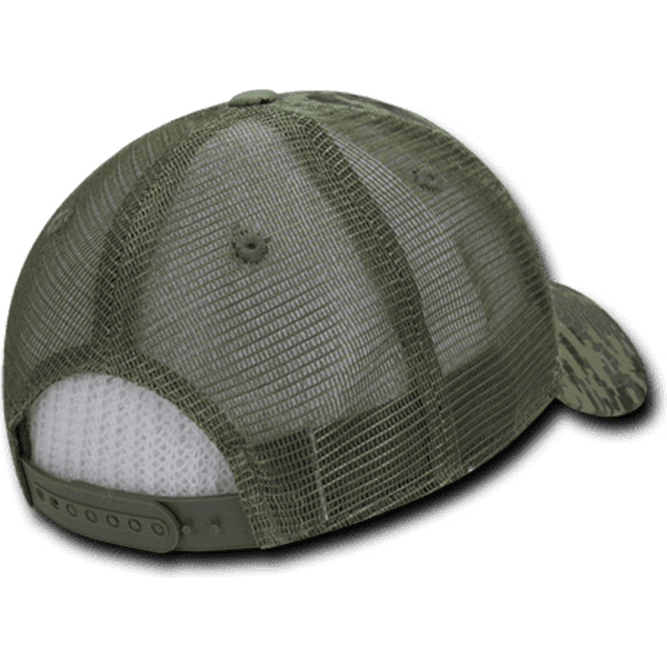 A green camo trucker cap with a low profile and structured design, featuring a mesh back and adjustable strap.