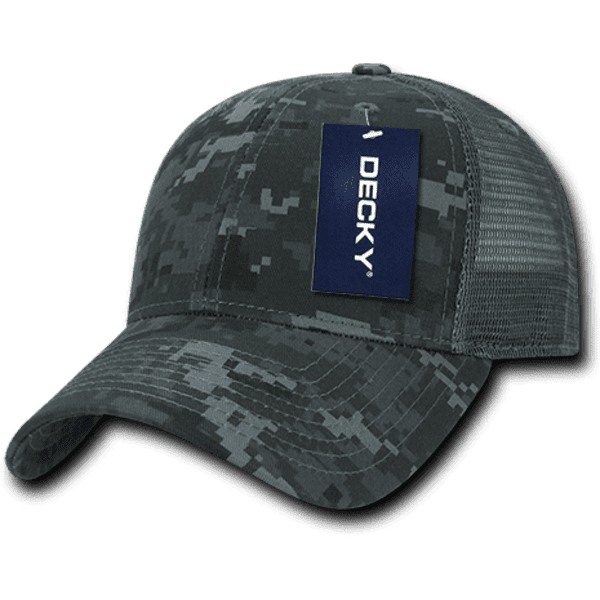 A camo-patterned trucker cap in shades of grey with a branded tag on the side.