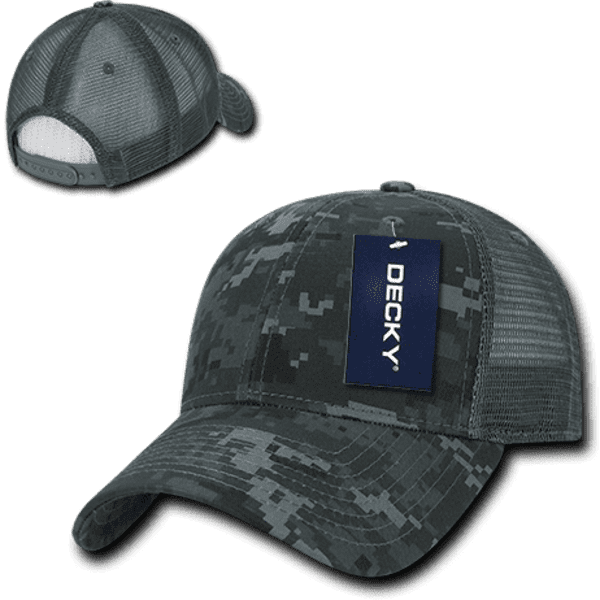 A grey camo trucker cap with a structured six-panel design and a mesh back, featuring a logo tag.