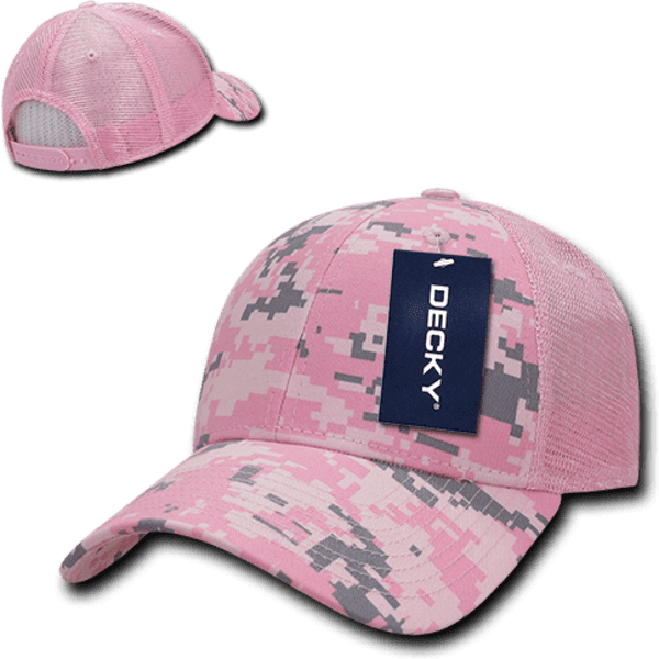 A pink camo trucker cap with a structured design and a mesh back, featuring a label.