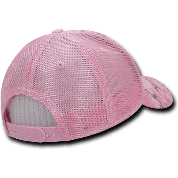 A pink camo trucker cap with a mesh back and adjustable strap. It features a structured six-panel design.