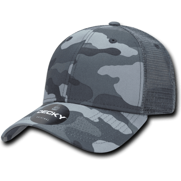 A grey camo trucker cap with a mesh back and a circular logo on the front.