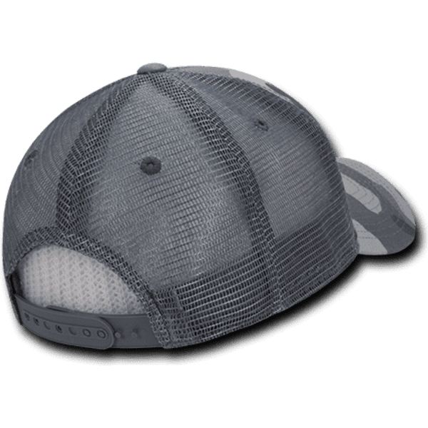 A camo trucker cap in grey with a structured 6-panel design and mesh backing. Features an adjustable strap.