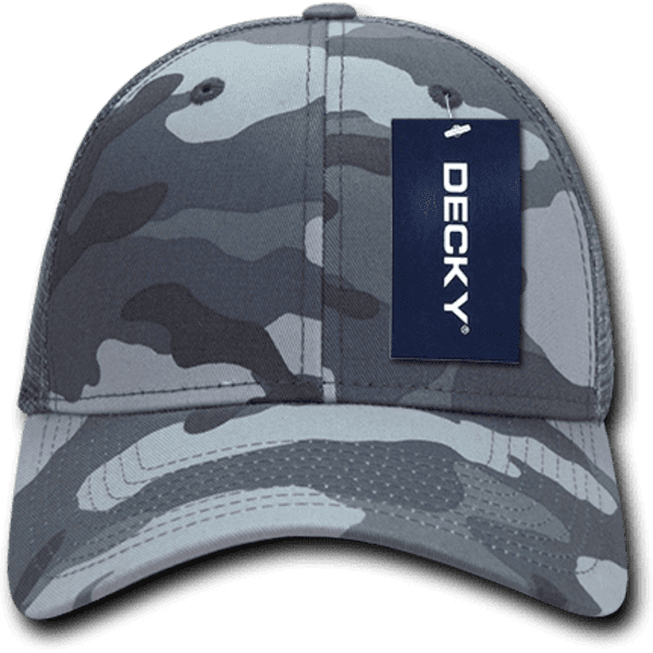 A grey camouflage cap featuring a structured design and a tag attached. Includes a logo on the front.