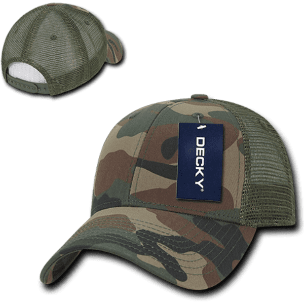 A camo trucker cap featuring a six-panel low profile design with a mesh back. It includes a logo tag.