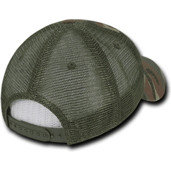 A camo trucker cap featuring a low-profile structured design with a mesh back in shades of green and brown.