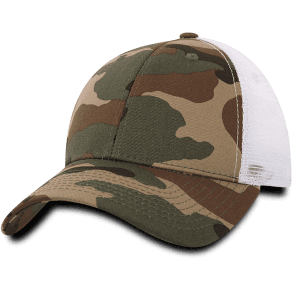 A camo-patterned cap in earthy tones with a white mesh back and a curved brim. It features a logo.