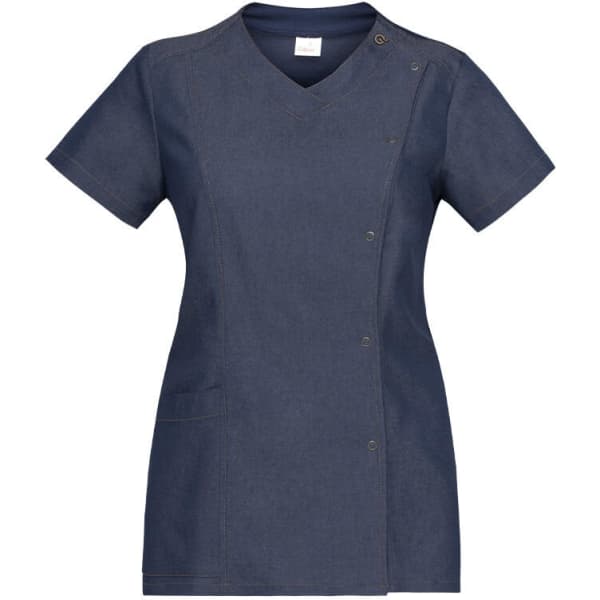 A navy blue Alina Tunic with short sleeves and a V-neck design, featuring a snap button closure and a pocket.