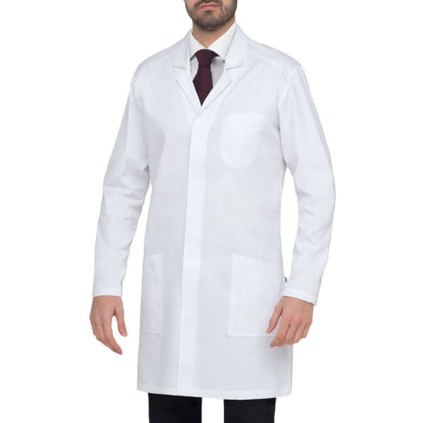 A white lab coat with long sleeves, a collar, and pockets, worn by a model. It features a logo on the fabric.