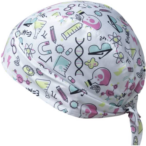 A bandana featuring a white background with colourful science-themed patterns including skulls, test tubes, and DNA.