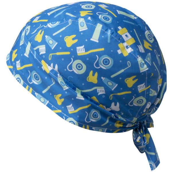 A blue bandana with various playful patterns including tools and musical instruments, featuring a tie at the back.