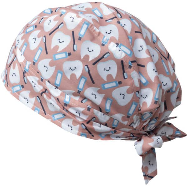 A pink bandana featuring cartoon teeth and toothbrush designs, tied at the back, with a logo displayed.