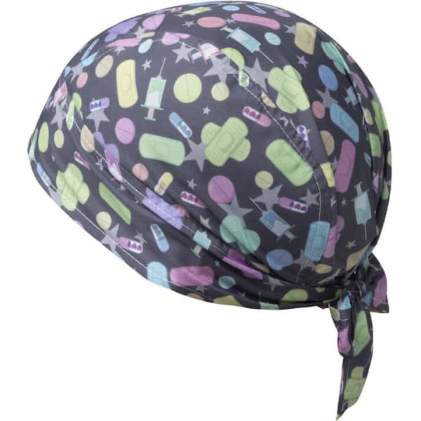 A patterned bandana in grey featuring colourful shapes including stars, bottles, and circles, tied at the back.