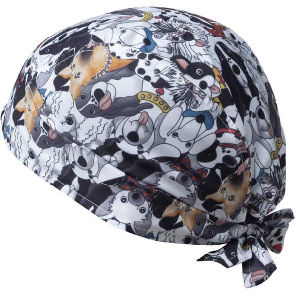 A bandana featuring a playful pattern of various animals in black, white, and multi-coloured designs, with a tied back.