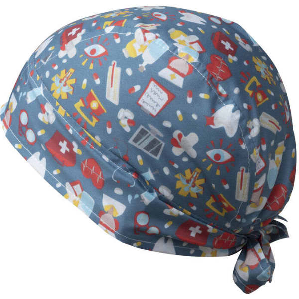 A bandana featuring a blue background with colourful medical-themed illustrations and a tied back design.